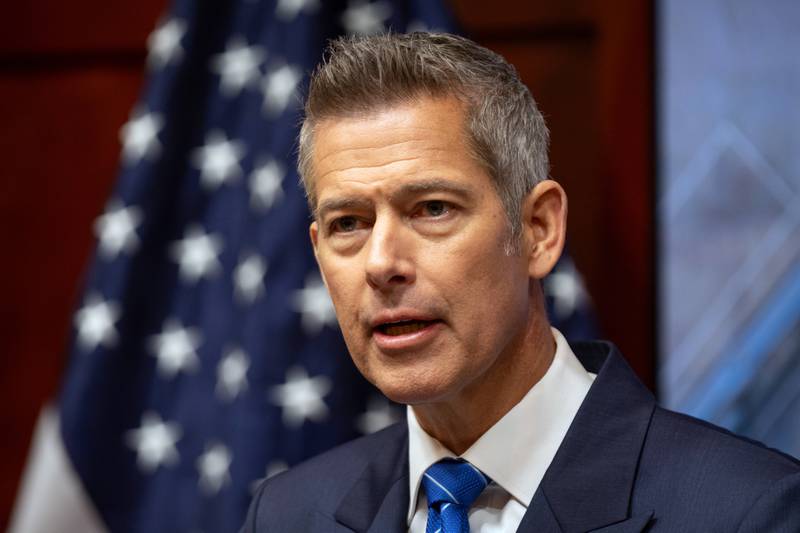 Transportation Secretary Sean Duffy speaks during a news conference at the Department of Transportation in Washington.
