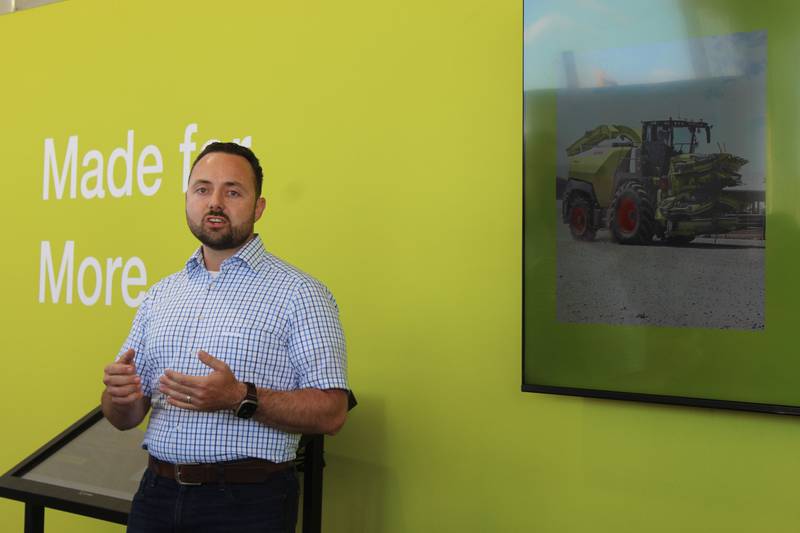 Dennis Ogle talks about new features of the CLAAS JAGUAR forage harvesters during the Farm Progress Show. The machines are new from the front all the way to the spout, providing better serviceability and easier maintenance for farmers.
