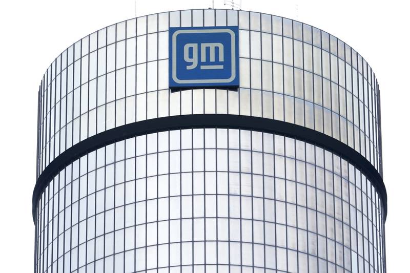 The General Motors logo is seen at its headquarters in Detroit.