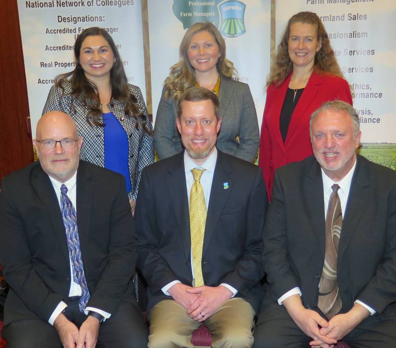 Illinois Society of Professional Farm Managers and Rural Appraisers leadership team members seated Feb. 6 are Gary Schnitkey (front from left), secretary/treasurer; Nick Westgerdes, vice president; and Michael Lauher, president; Liz Strom (back from left), immediate past president; Laura Enger, president-elect; and Maria Boerngen, academic vice president.