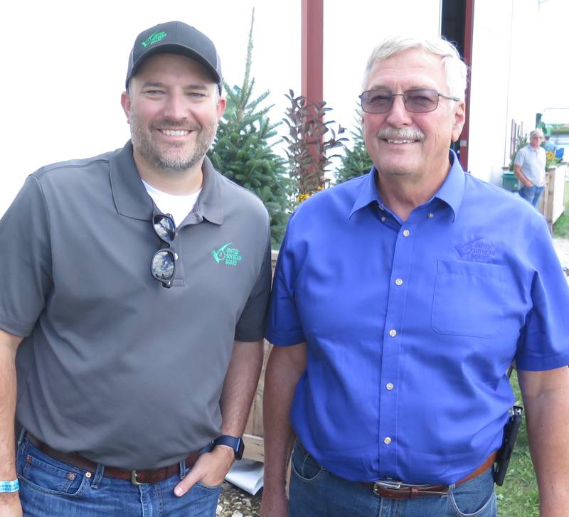 Jack Cornell (left), United Soybean Board director of sustainable supply, and Neal Bredehoeft, USB director, were on hand at the Farm Progress Show to promote the new Farmers for Soil Health initiative launched by soy, pork and corn commodity groups to promote and incentivize utilizing cover crops.