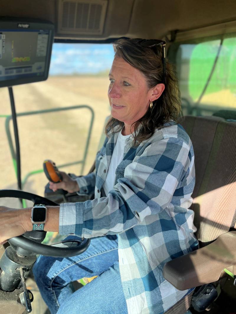 Mindy Orschell harvests fields on her farm in southeastern Indiana.