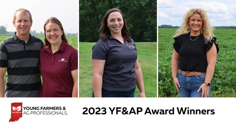 Mark and Jessica Wenning of Henry County (from left), Chelsea O’Brien of Spencer County and Rachel Hyde of Hamilton County are the winners of Indiana Farm Bureau’s top awards for Young Farmers & Ag Professionals this year.