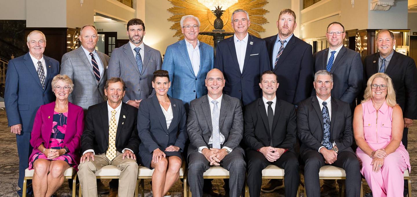 Newly-elected members of the U.S. Grains Council board are Corn Sector Director Jolene Riessen (front from left), Secretary-Treasurer Jay Fischer, Past Chairwoman Verity Ulibarri, Chairman Mark Wilson, USGC President and CEO Ryan LeGrand, Vice Chairman Jay Reiners, and At-Large Director Jennie Schmidt, as well as At-Large Director Curt Mether (back from left), Agribusiness Sector Director Sean Broderick, At-Large Director Dylan Rosier, Ethanol Sector Director Craig Willis, State Checkoff Sector Director Josh Roe, Barley Sector Director Matthew Horlacher, Sorghum Sector Director Adam Schindler, and At-Large Director Greg Alber.