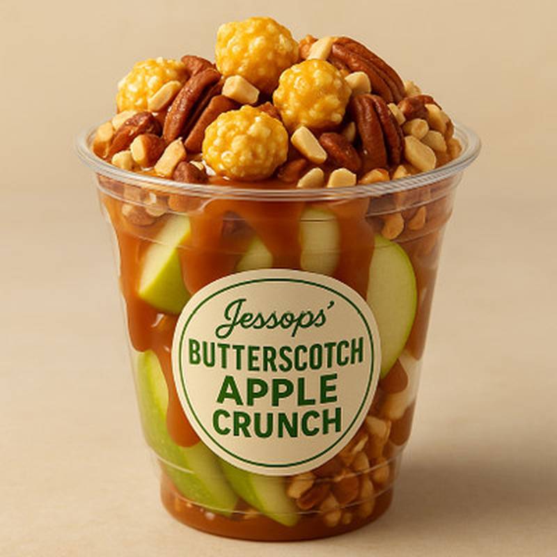 Jessops’ Butterscotch Apple Crunch by Jessop Candy Products. Gourmet sliced apples with warm caramel sauce and crushed butterscotch corn for topping. Nuts optional. Served in a parfait cup.