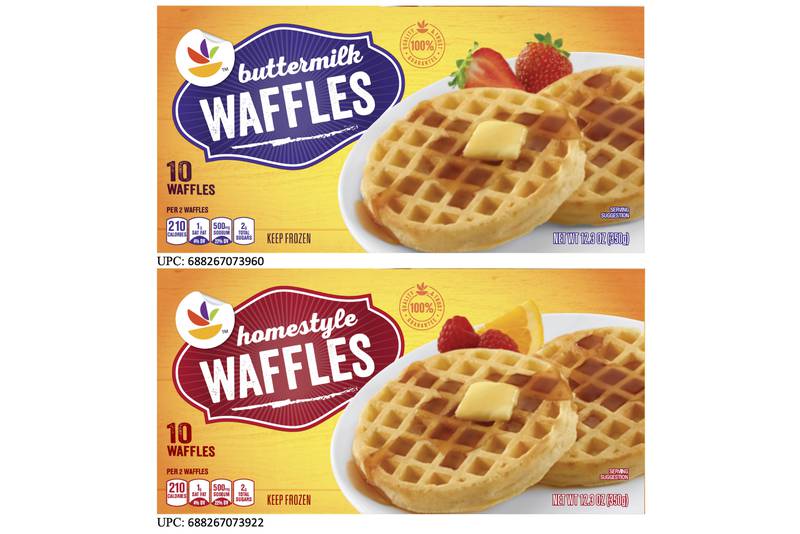This image shows the packaging of two styles of waffles, among hundreds of brands of frozen waffles, that are part of a voluntary recall because the products could be contaminated with dangerous listeria bacteria, the manufacturer, TreeHouse Foods Inc., said.