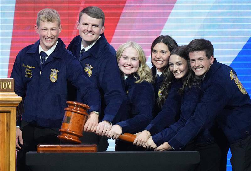 The 2024-2025 National FFA officer team — President Thaddeus Bergschneider of Illinois (from left), Secretary Luke Jennings of Ohio, Central Region Vice President Mary Schrieber of Wisconsin, Eastern Region Vice President Caroline Groth of Kentucky, Western Region Vice President Abigale Jacobsen of California and Southern Region Vice President Jack Lingenfelter of Georgia — was elected during the final session of the National FFA Convention & Expo in Indianapolis.