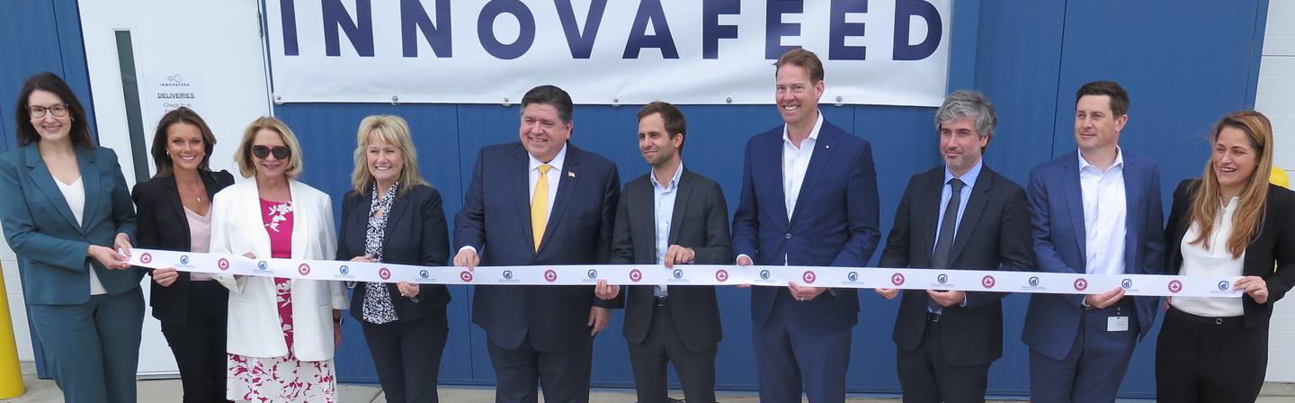 Innovafeed, ADM and City of Decatur officials are joined by Gov. JB Pritzker to mark the opening of North American Insect Innovation Center pilot facility. The future plan is to build an adjacent large facility that will employ 250 to 300.