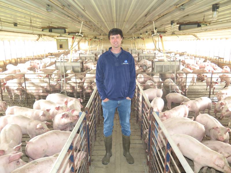 Tyler Main checks the shipment of 1,283 pigs that arrived May 5 at the family's independent wean-to-finish swine operation west of Altona in west-central Illinois. Main returned to the family farm after graduating from college 10 years ago and dedicates his spare time to serving his community and farm organizations.