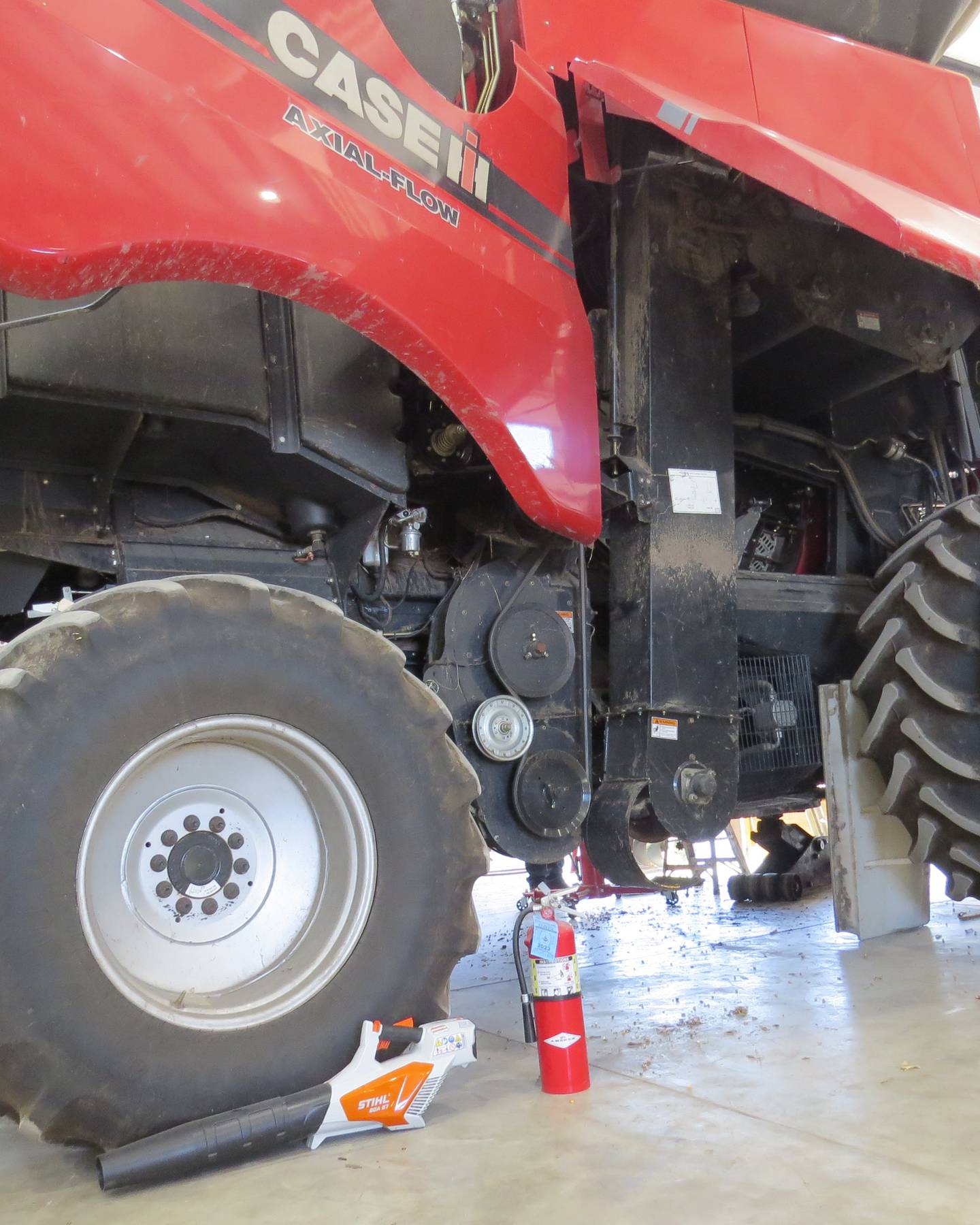 Making sure combine fire extinguishers are charged and up to date, making sure that combine operators know how to use them and using a battery-operated leaf blower to blow off the combine and keep it free from dust and debris are top tips when it comes to preventing combine fires.