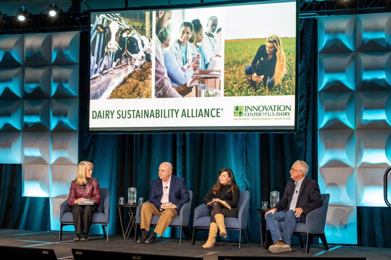 The past and future of the Dairy Sustainability Alliance is discussed by Barbara O’Brien (from left), president and CEO of Dairy Management Inc. and the Innovation Center for U.S. Dairy; Jed Davis, vice president of strategic engagement and sustainability at Agri-Mark and Cabot Creamery Cooperative; Alisha Staggs, dairy program director for The Nature Conservancy; and Steve Maddox, dairy farmer and managing partner at Maddox Dairy in California.