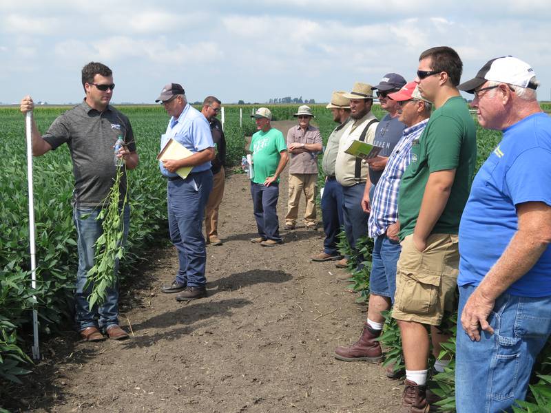 Trent Nicholson (left) holds one of the plants from his high-yield soybean trials during the Yield/Profit Challenge plot tour Aug. 15 near Eureka, Illinois. Nicholson is in his seventh year of conducting research trials on his farm that utilize products that focus on improving plant and soil health.