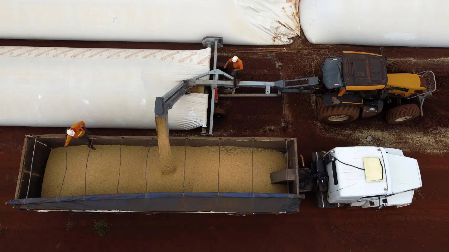 A truck loads soybeans at a storage company in the city of Sidrolandia, Mato Grosso do Sul state, Brazil.