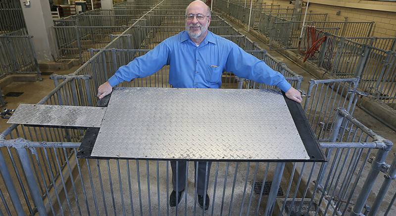 Robert M. Stwalley III, clinical associate professor in the Department of Agricultural and Biological Engineering at Purdue University, shows a cooling pad designed to keep hogs cool. IHT Group of Winnipeg, Manitoba, has signed an exclusive license and will manufacture and sell the pads in North America beginning in spring 2024.