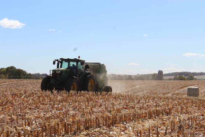 The dry fall provides great conditions for making cornstalk bales. Mitchel Rahn has made over 1,100 bales, and since the plants were healthy with all the rain this year, there’s lots of stalks to rake and bale.