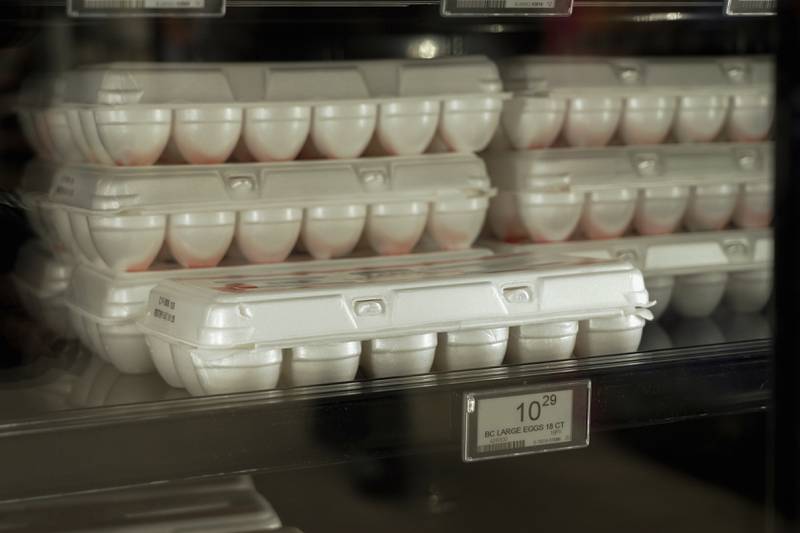 Eggs sit on a shelf at Sentyrz Liquor & Supermarket, where staff say they’ve been receiving only 10% of their weekly orders, in Minneapolis.