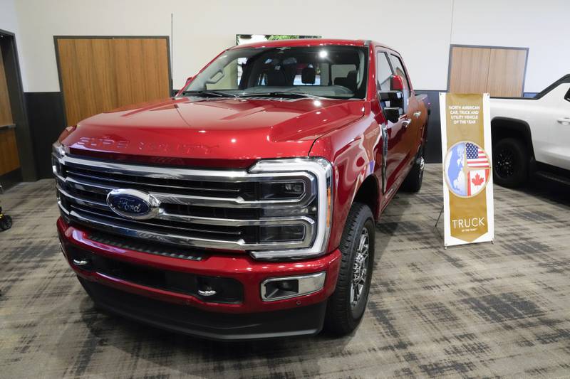A Ford F250 Super Duty is displayed after winning the 2024 North American Truck of the Year in Pontiac, Michigan.