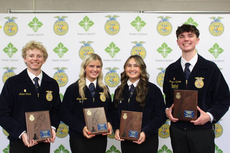 Illinois AgriNews presented the Outstanding Section Reporter awards to four members during the 97th Illinois FFA State Convention, held June 10-12 in Springfield, Illinois. Members were selected based on their work during the past year to report on FFA events and activities that were held in their sections. FFA reporters receiving an award include: Asher Frank (from left), Athens FFA Chapter; Alayna White, Wayne City FFA Chapter; Maya Anderson, St. Anne FFA Chapter; and Greyson Applebee, Maroa-Forsyth FFA Chapter.