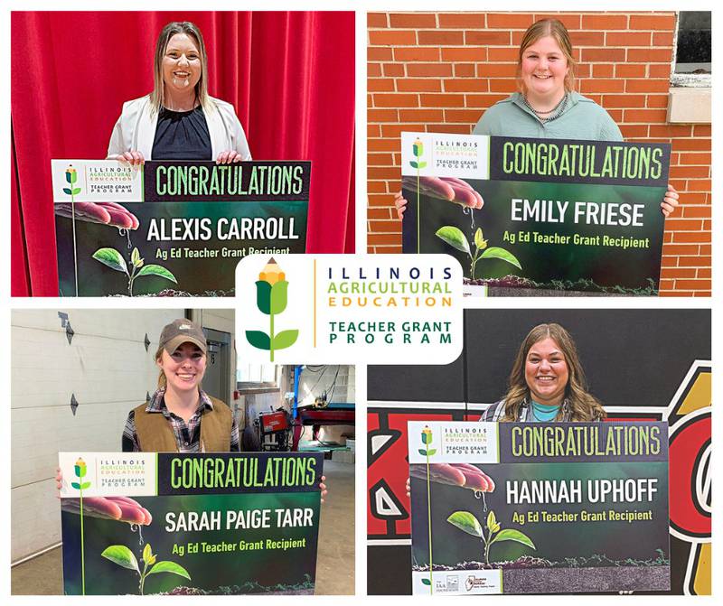 The 2024 beginning teachers receiving Illinois Agricultural Education Teacher Grant Program grants are: Alexis Carroll (clockwise from upper left), Winchester High School; Emily Friese, Pittsfield High School; Hannah Uphoff, Arthur Lovington Atwood Hammond High School; and Sarah Paige Tarr, Annawan High School.
