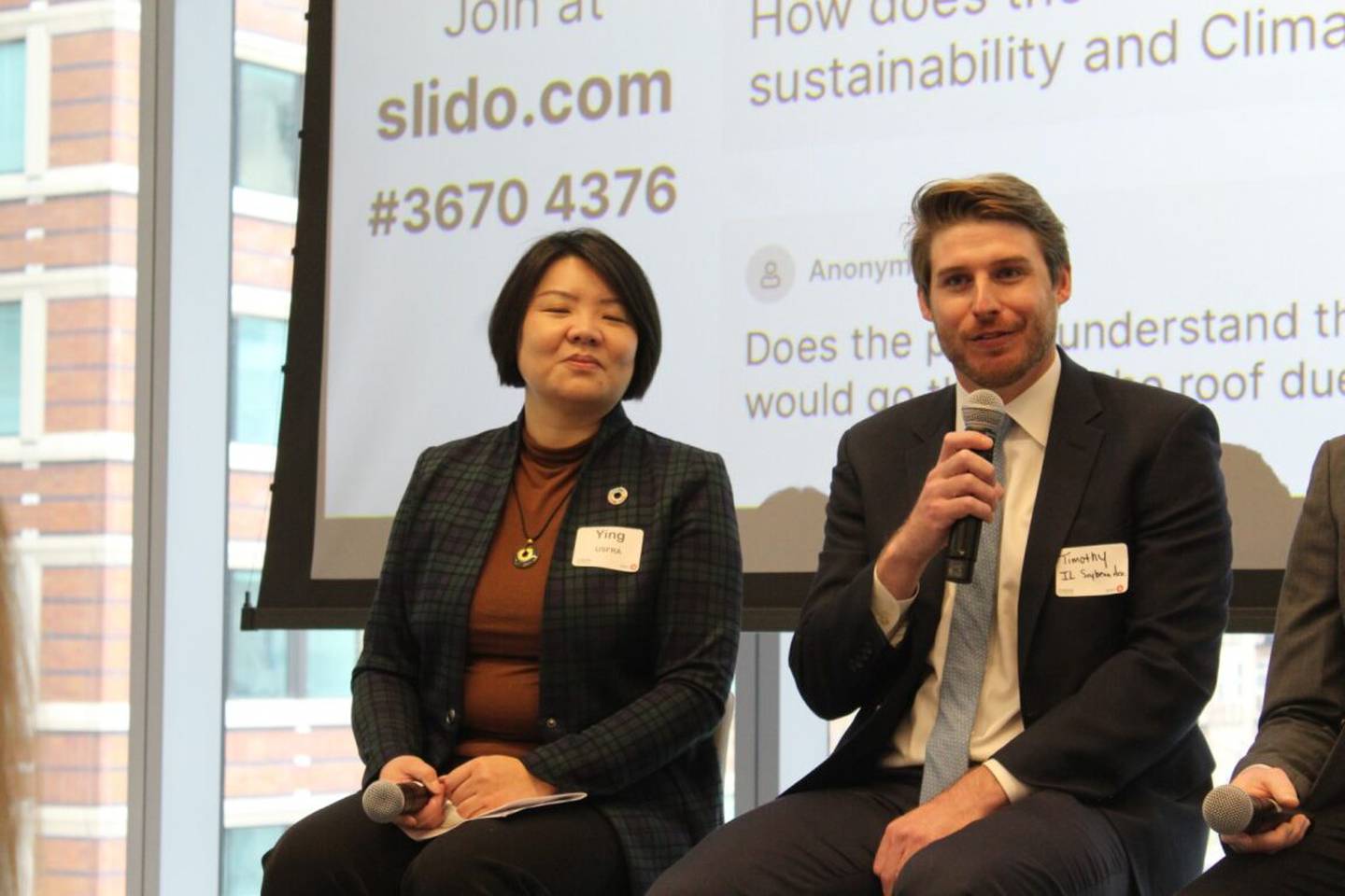 Tim Rendall (right) talks about how sustainability and resiliency are linked for farmers during the forum where Ying Wang also provides comments about the importance for farmers to understand carbon credits before getting involved with a program.