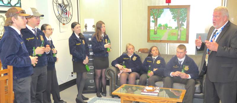 State Rep. Charlie Meier (right) visits with the Okawville FFA in his office during Illinois Agriculture Legislative Day. He credits his own time in his youth as an Okawville FFA and 4-H member that led to his service as a state legislator.