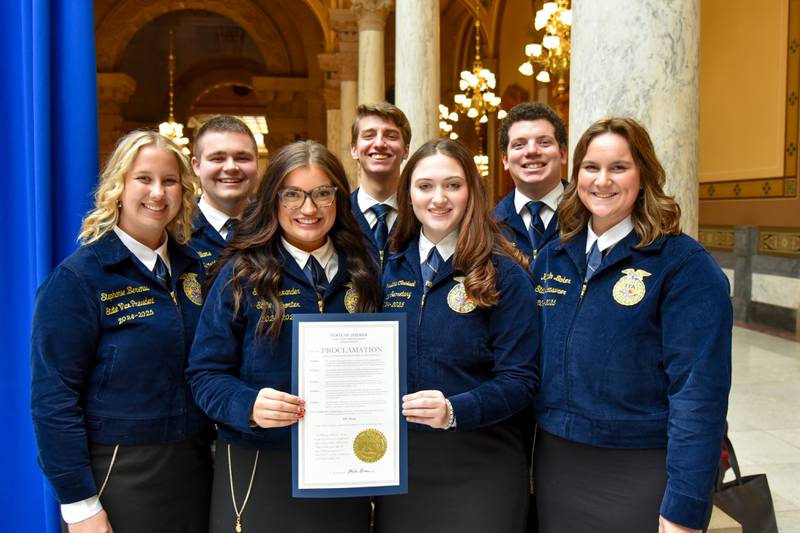 The 2024-2025 Indiana FFA state officer team includes Northern Region Vice President Stephanie Berenda (from left), South Newton FFA Chapter; Southern Region Vice President Cale Williams, Terre Haute South FFA Chapter; Reporter Sienna Alexander, Monrovia FFA Chapter; Sentinel Garrett Bolin, Indian Creek FFA Chapter; Secretary Christina Caldwell, Connersville FFA Chapter; President Ethan Wolheter, Prairie Heights FFA Chapter; and Treasurer Kyatalin Baker, Switzerland County FFA Chapter.