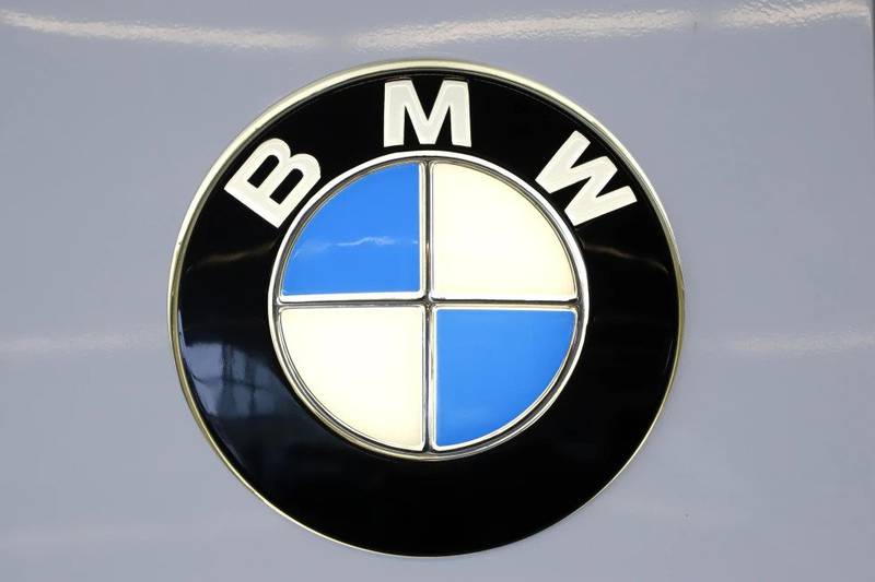 This is the BMW logo on display at the 2020 Pittsburgh International Auto Show.