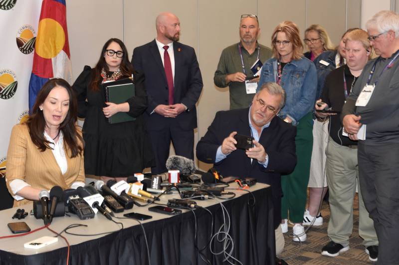 Brooke Rollins, new U.S. secretary of agriculture, answers questions from a large group of reporters at the Commodity Classic in Denver. She was the domestic policy chief during President Donald Trump’s first administration.