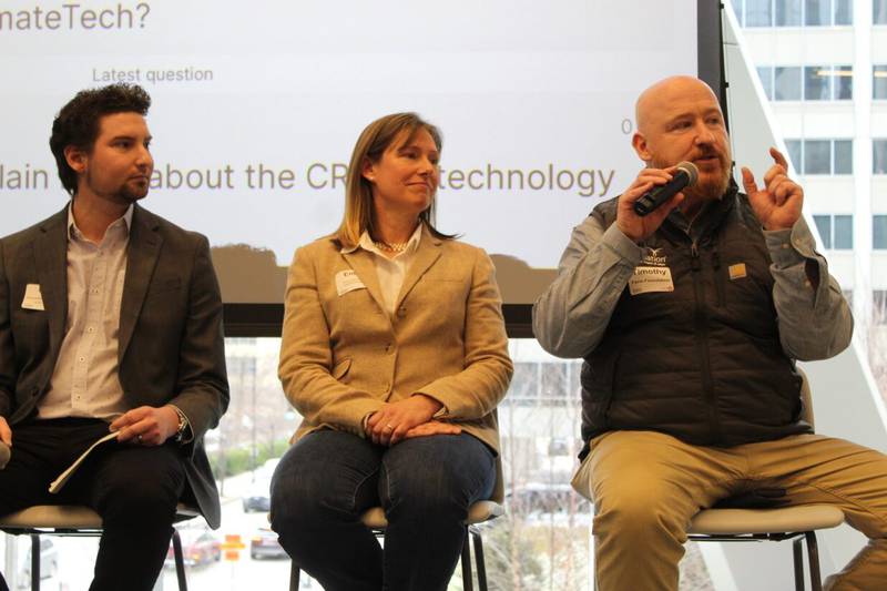 Tim Brennan (right) says growing crops native to Illinois like hazelnuts is an opportunity for farmers. Additional speakers during the discussion, Eric Hassel (from left) and Emily Heaton, provide their perspective on how to help farmers improve sustainability on their farms.