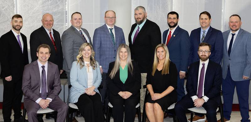 Illinois Farm Bureau members and agricultural professionals recently graduating from the Agricultural Leaders of Tomorrow program are: Zach Rinker (back row from left), Shelby County; Brian Grotefendt, Madison County; Michael Gill, Peoria County; Oliver Kragelund, McLean County; James Maher, Peoria County; Ed Dubrick, Iroquois County; Matt Miller, McLean County; and Nicolas Gvillo, Madison County; and Chase Ochsner (front from left), LaSalle County; Emily Cler, Champaign County; Courtney Sandidge, Mason County; Mallie Pyles, Tazewell County; and Aaron DeGroot Christian County.