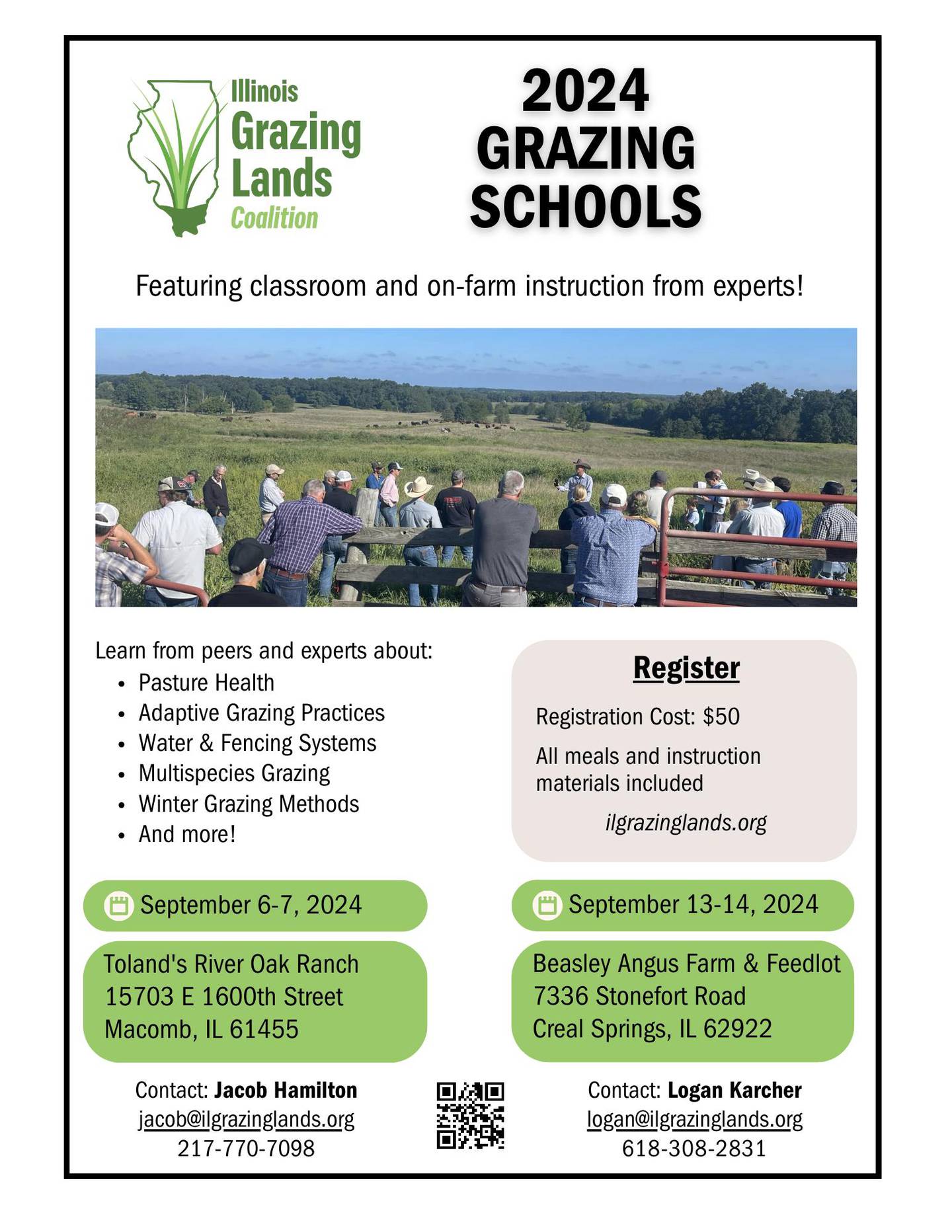 Over two days, attendees at each Illinois Grazing Lands Coalition grazing school — Sept. 6-7 in Macomb and Sept. 13-14 in Creal Springs — will take part in classroom and in-field instruction by expert presenters who will cover a wide range of topics. In addition, a panel of local livestock producers will discuss their operations, as well as their experiences with grazing.