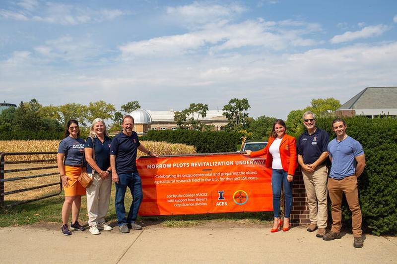 University of Illinois leaders and partners from Bayer celebrate the launch of the Morrow Plots Revitalization project. The effort honors the sesquicentennial of the nation’s oldest agricultural research field and prepares it for the next 150 years of discovery.