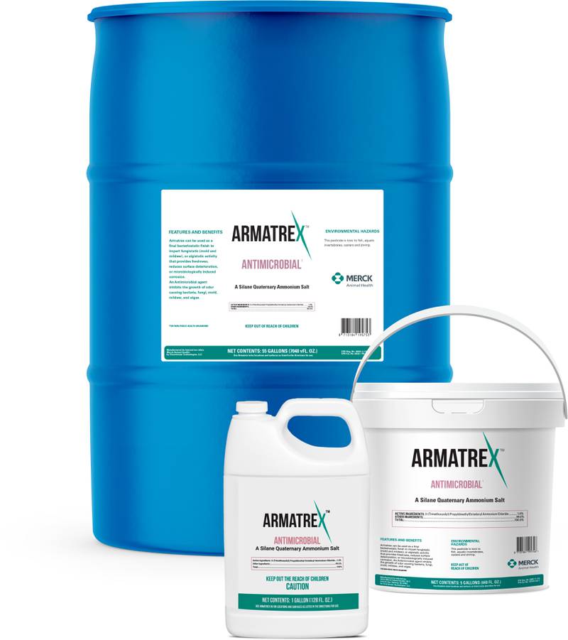 Armatrex, a spray-on antimicrobial solution to reduce environmental pathogen load in animal health facilities and enhance biosecurity measures, is available in 1-gallon, 5-gallon, or 55-gallon presentations from Merck Animal Health or its distributors.