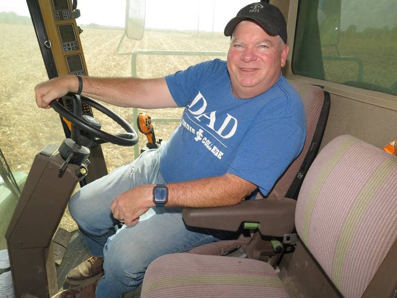 Ken Ropp was harvesting corn Oct. 6 across the road from Ropp Jersey Cheese. The harvest was soon delayed after this photo was taken due to a radiator problem on the pickup truck that was pulling the grain wagon.