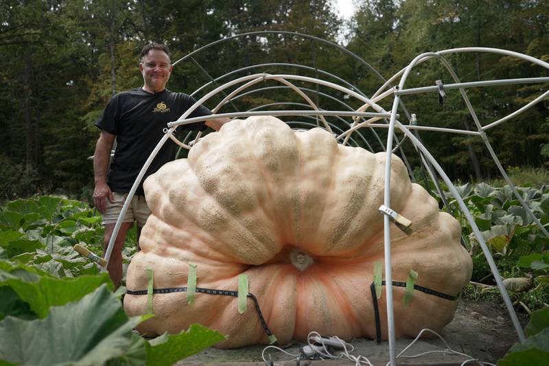 Tony Scott stands with the pumpkin he grew in his backyard in southeastern New York.