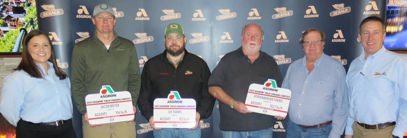 Asgrow South Region: Jennifer Elliott (from left), DEKALB Asgrow field sales representative; Jacob Meyer, first place; Tyler Six, second place; Mark Poffenberger and John Poffenberger, third place; and Chris Kallal, DEKALB Asgrow technical agronomist.