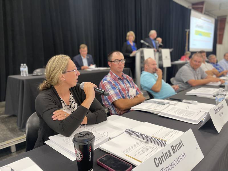 Corina Brant speaks at the annual Indiana Farm Bureau delegate session.