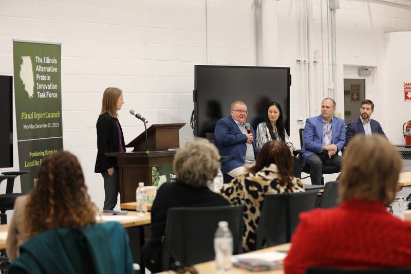 Industry leaders discuss the future of alternative protein production during a panel at the Illinois Alternative Protein Innovation Task Force final report launch.