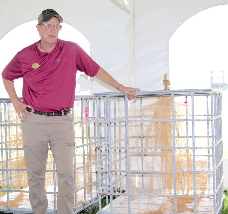 Jim Schwartz, Beck’s director of research, agronomy and Practical Farm Research, highlights the corn root boxes used to hybrid research root characteristics and architecture.