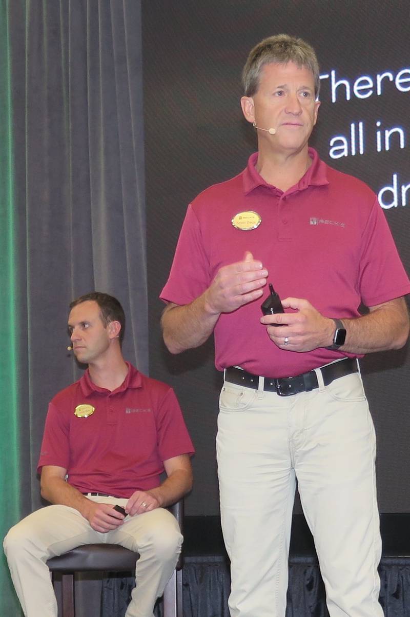Scott Beck, Beck’s president, and his son, Corey, business and supplier strategist, the fourth and fifth generation in the company, gave updates on the business during the Central Illinois Becknology Day in El Paso.