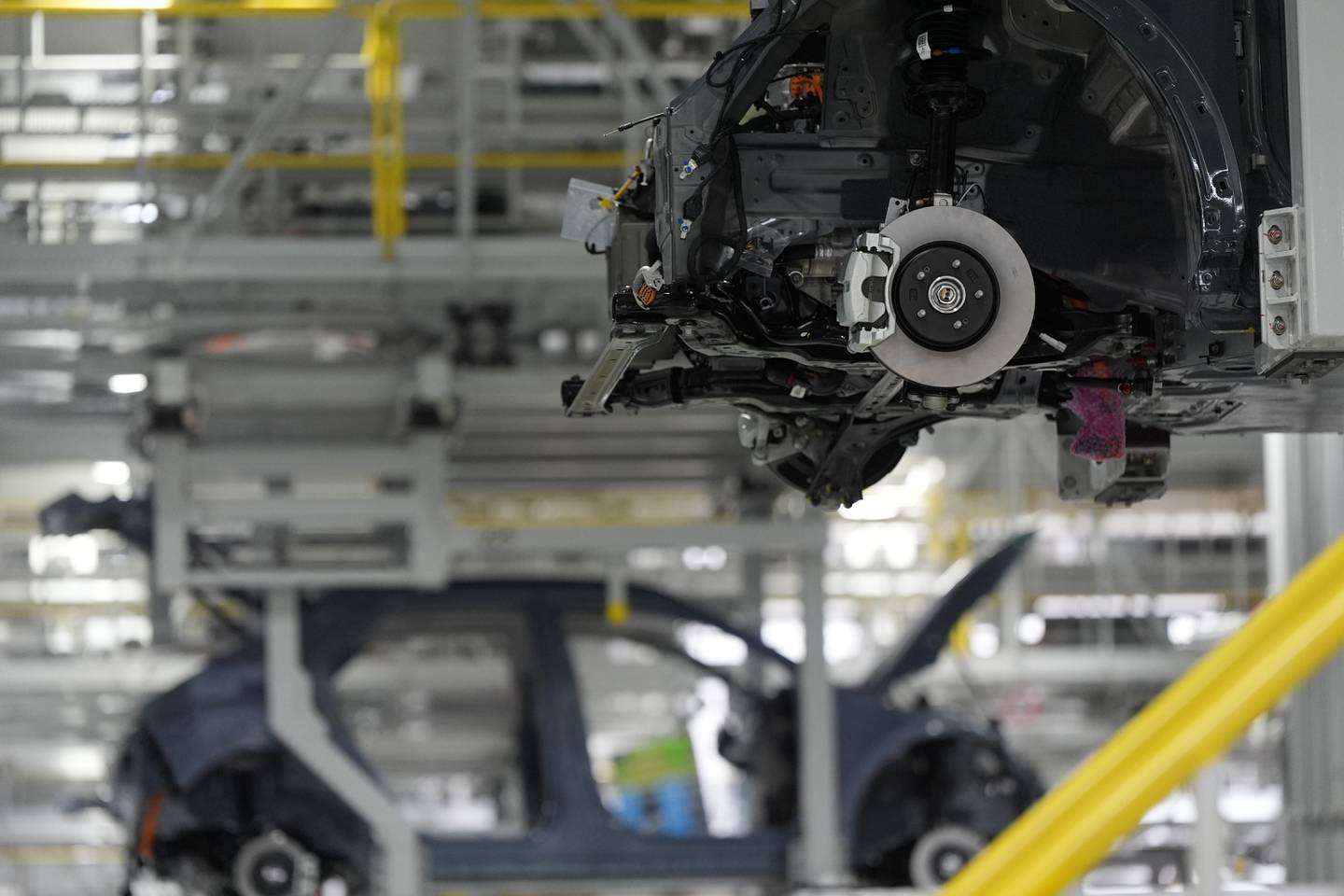 Vehicles move on the line at the Hyundai Motor Group Metaplant America in Ellabell, Georgia.