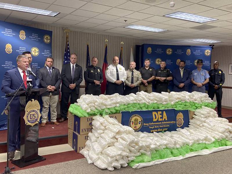 DEA Special Agent in Charge Robert Murphy announces a record-breaking seizure of more than a ton of crystal methamphetamine at the Atlanta State Farmer’s Market in Forest Park, Georgia.