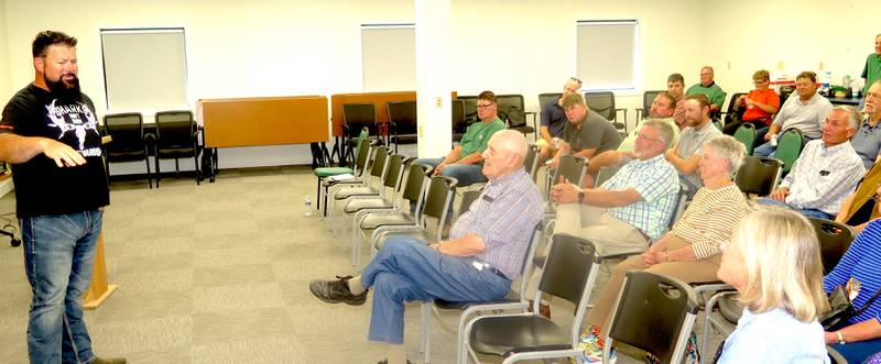 Rob Sharkey was the guest speaker at Eureka Savings Bank’s inaugural ag event at Heritage Tractor in Mendota, Illinois. He shared his experiences growing up on the family farm, life lessons and his Shark Farmer endeavors.