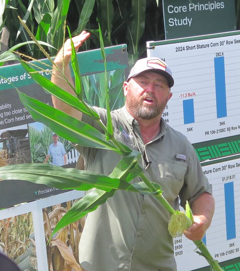 Jason Webster, Precision Planting lead agronomist and Precision Technology Institute Farm director, details one of more than 100 research trials at the site.