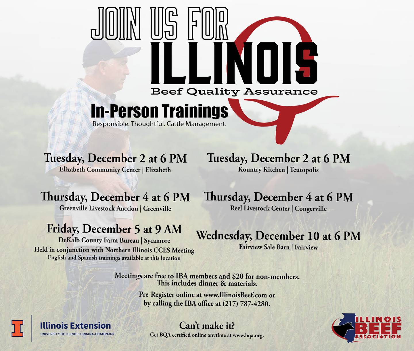 Need to re-up or get first-time certified for Beef Quality Assurance? Join the Illinois Beef Association for one of our scheduled winter BQA meetings.