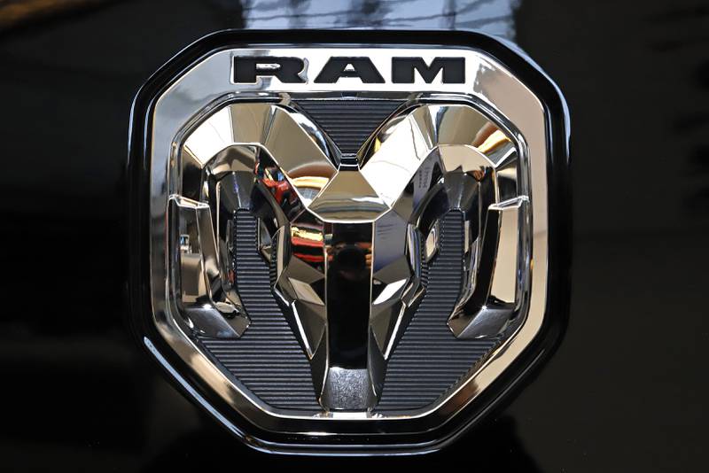 This photo shows the Ram truck logo at the 2020 Pittsburgh International Auto Show.