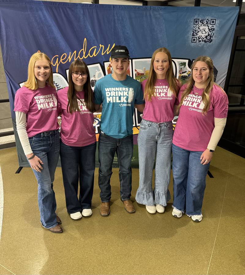 Purdue University students Aleah Rexing (from left), Madilyn Elliott, Cord Akey, Mylie Rexing and Macey Lambrecht will serve as Indiana’s 2026 dairy ambassadors.