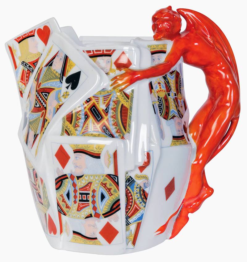 Can you resist anything but temptation? Buyers couldn’t resist this Royal Bayreuth pitcher with a devil and playing cards.