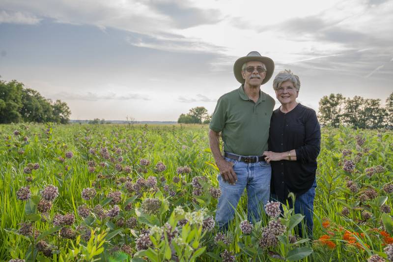 Dennis and Jackie Frey were presented with the Leopold Conservation Award during the Farm Progress Show Aug. 31. Frey Family Farms have implemented numerous conservation practices on their beef cattle and grain farm in Hamilton County.