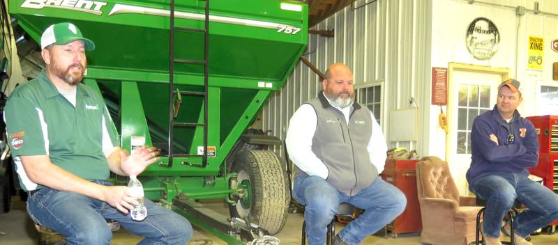 Matt Boucher (from left), Jay Whalen and Craig Swartz share their conservation experiences during a “Toolshed Talk,” sponsored by the Livingston County Soil and Water Conservation District.